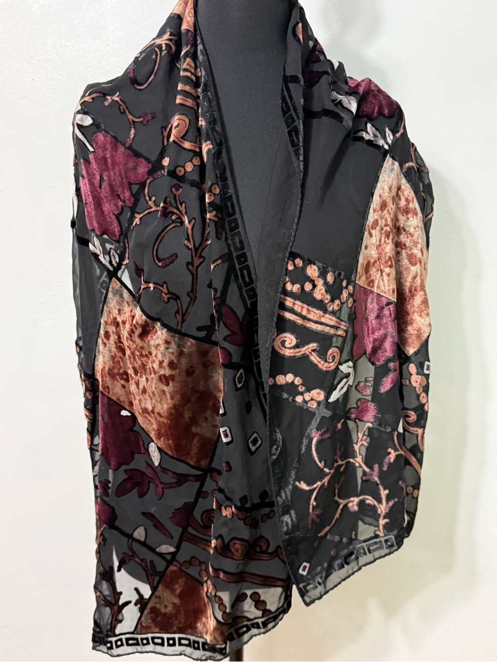 Patchwork Burnout Velvet & Sheer Wrap Scarf - Black and Burgundy